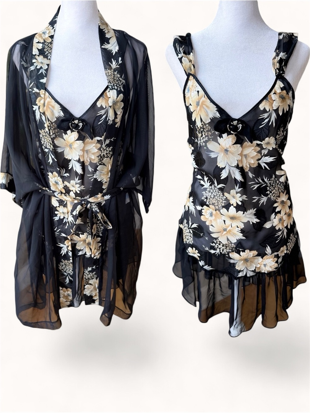 Vintage Intime California Black Floral Sheer Chemise and Robe Set Size Small